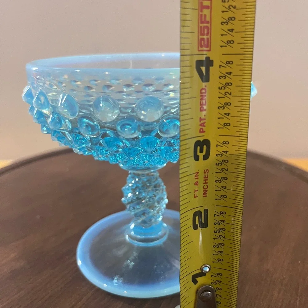 Vtg Fenton‎ Blue Opalescent Hobnail Art Glass Sherbet Goblet MCM Twisted Stem